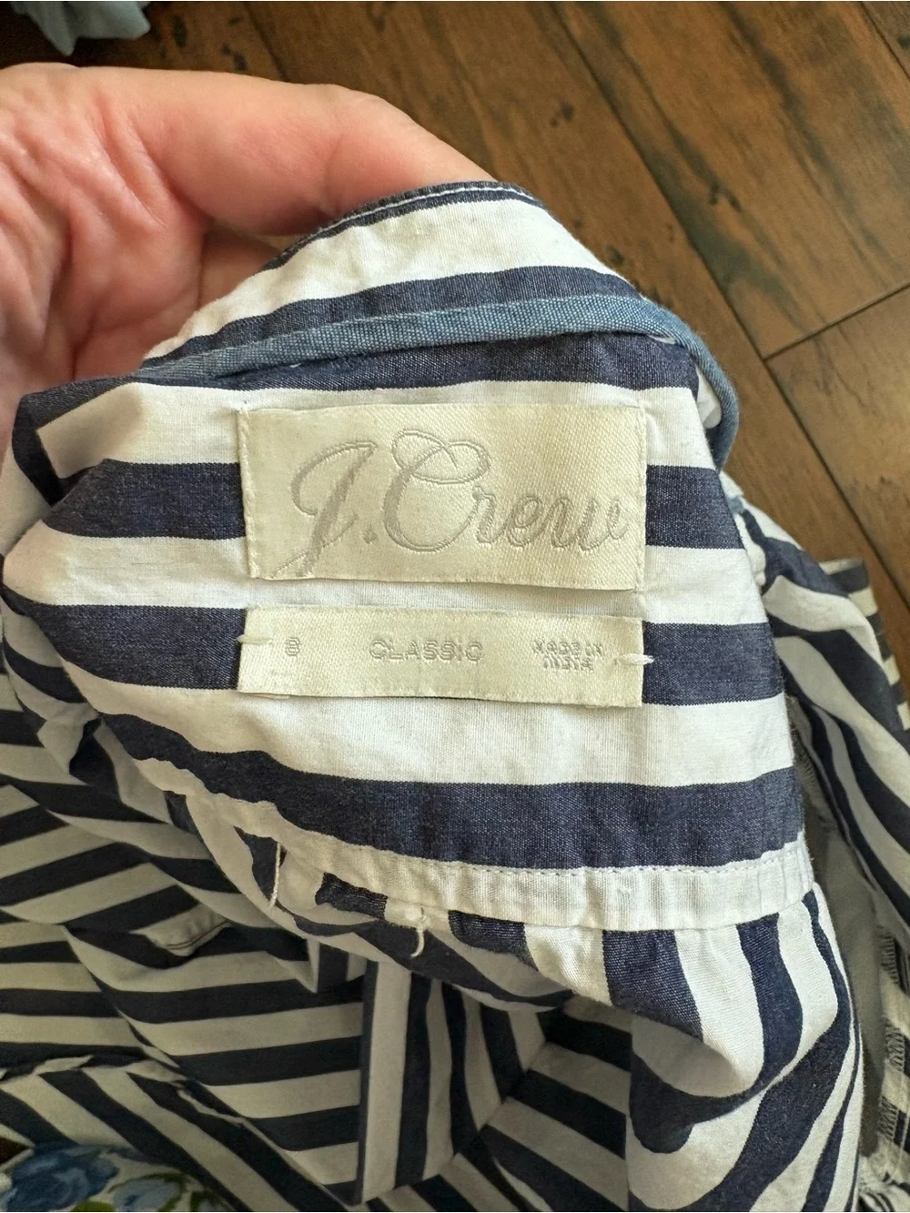 J Crew navy and white striped shirt